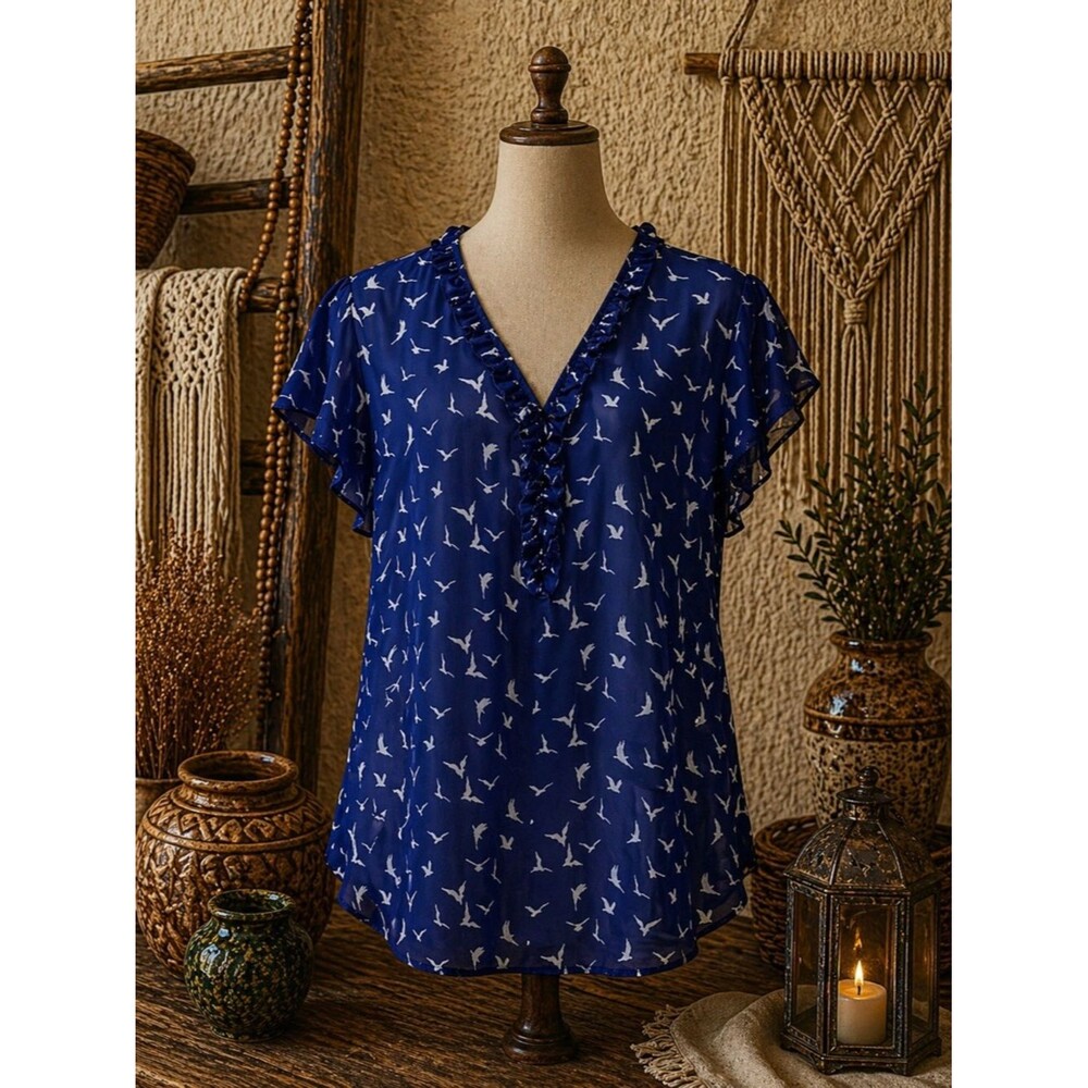 Lily Rose XL Sheer Royal Blue Blouse White Bird Print‎